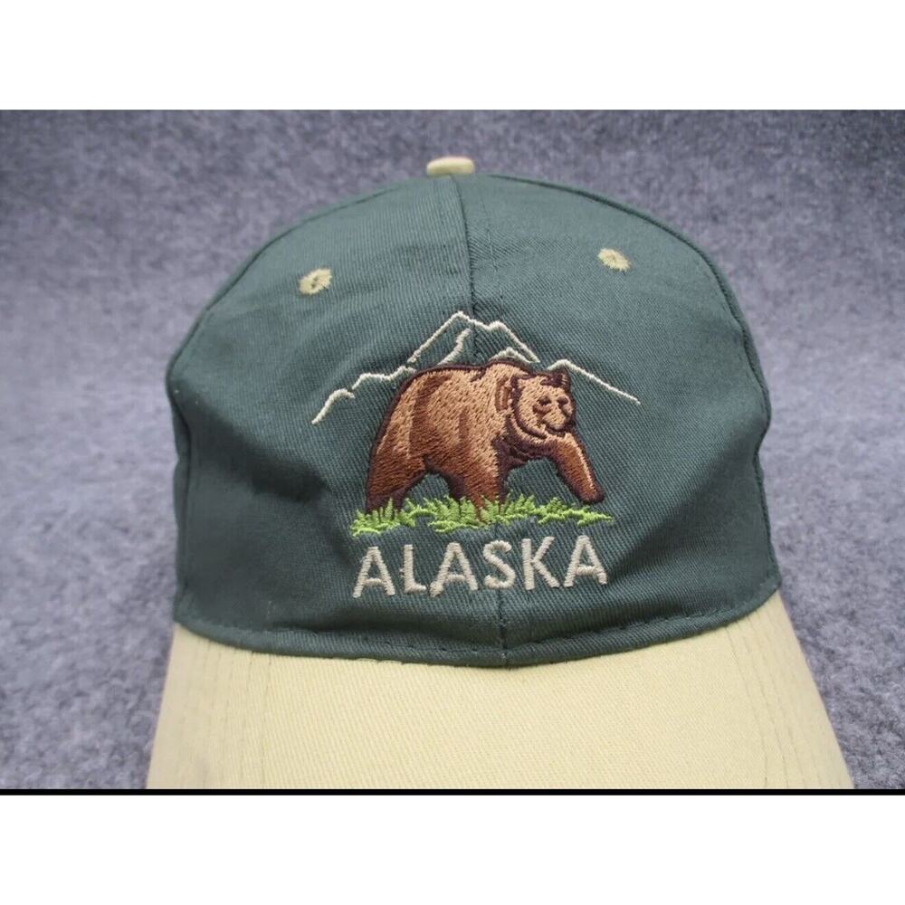 VTG Alaska Bear Hat Cap Green Beige Snap Back Mens Grizzly Mountain